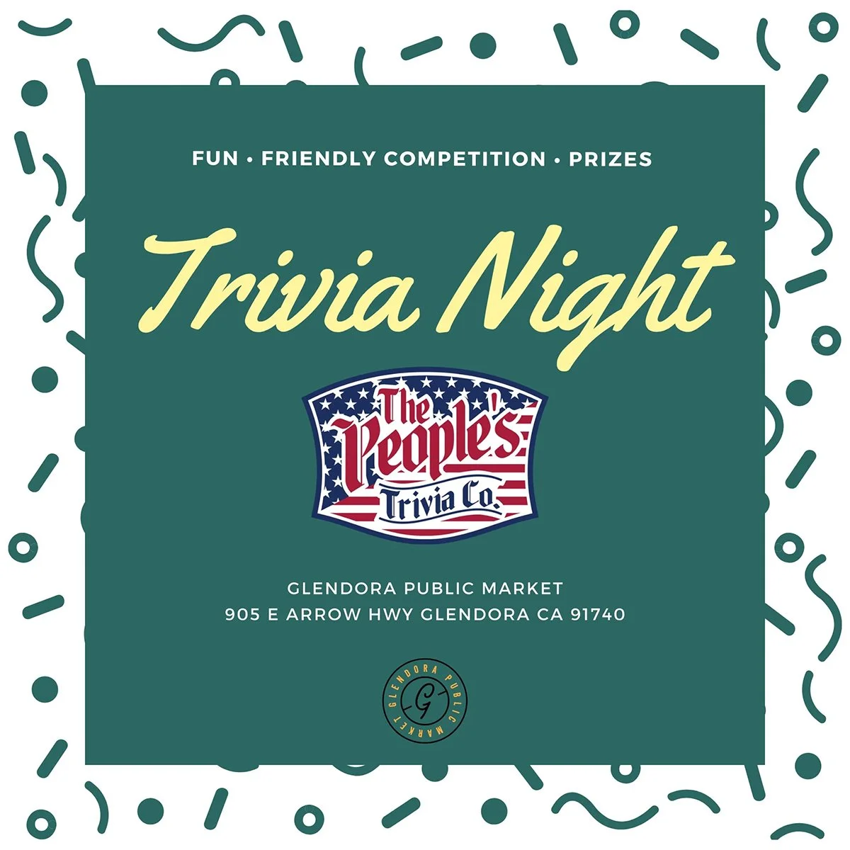 The People's Trivia Co. logo on green background with Glendora Public Market's address.