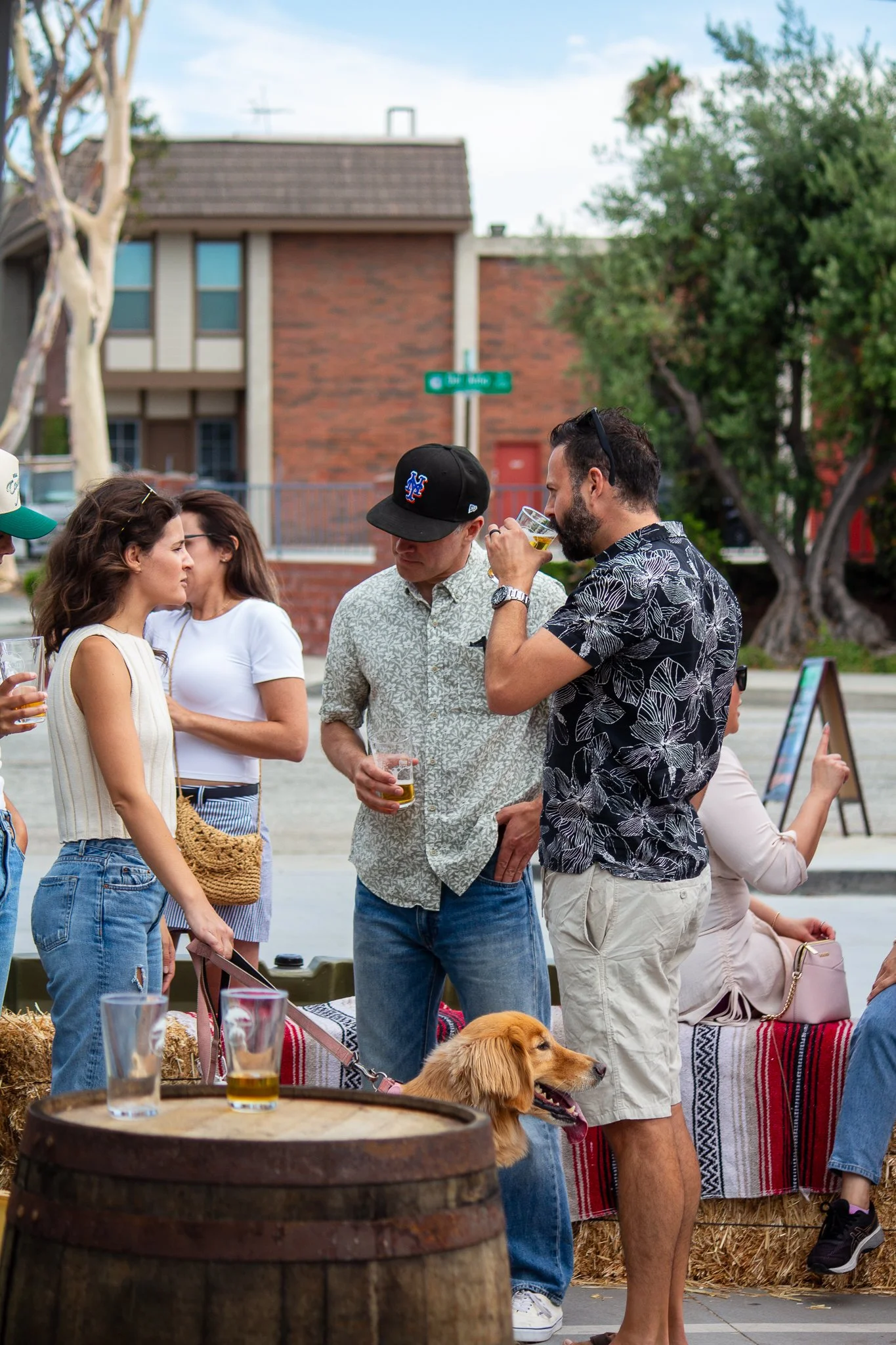 A group of guests enjoying beer on the Smog City outdoor patio with their dog.