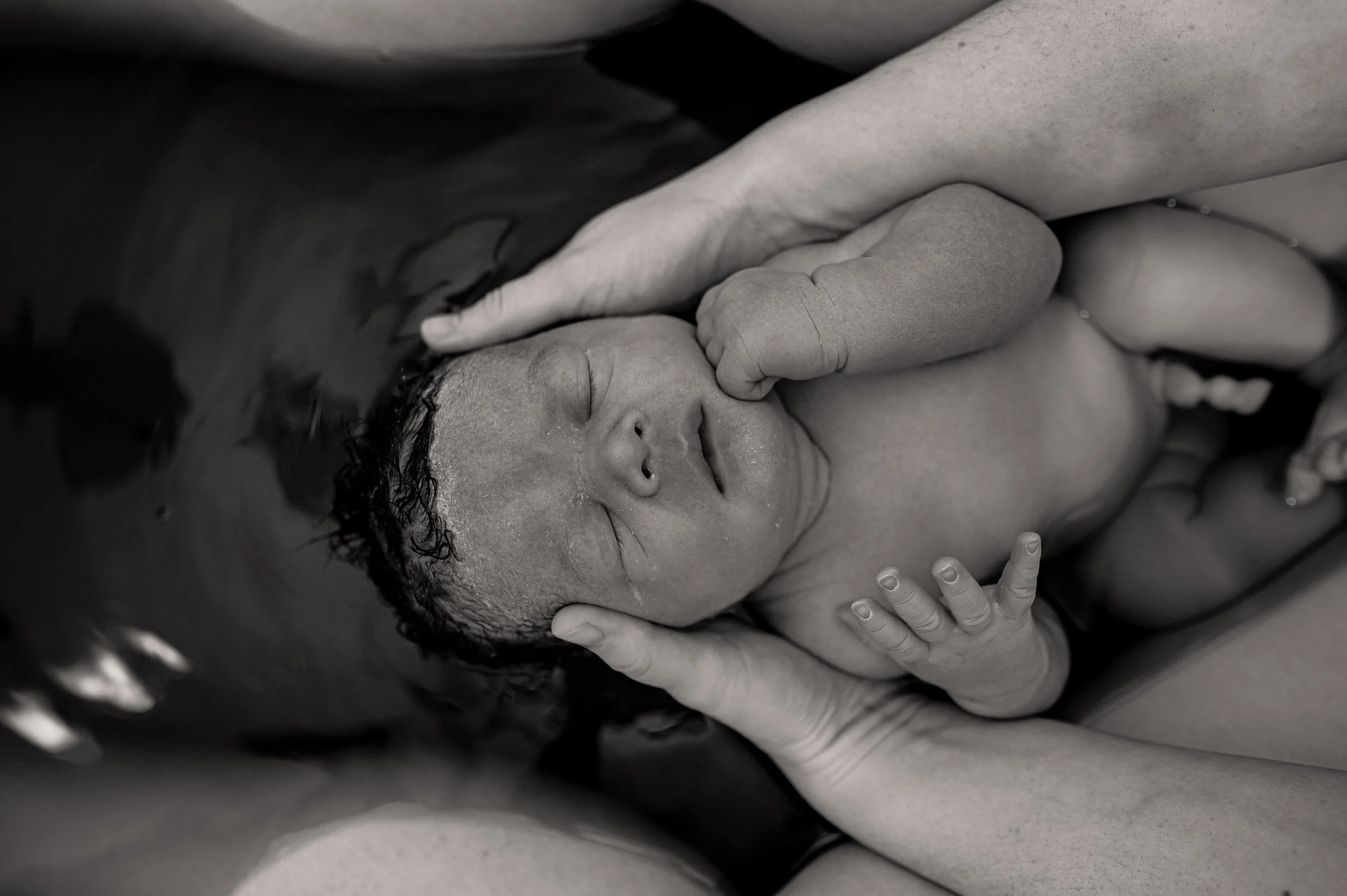 A newborn baby is peacefully sleeping, being gently cradled by adult hands, with a focus on the baby's face and hands in a black and white photograph.