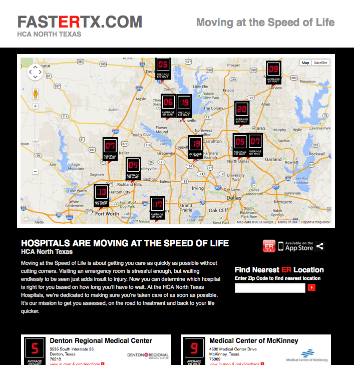 Map of North Texas showing hospital locations with ER wait times, numbered and color-coded, with a header for FastERTX.com and a slogan 'Moving at the Speed of Life.'