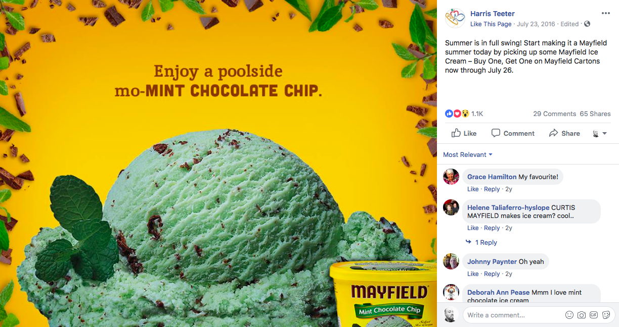 A scoop of mint chocolate chip ice cream with chocolate shavings and mint leaves, next to a container of Mayfield Mint Chocolate Chip ice cream on a yellow background, decorated with mint leaves and chocolate pieces.