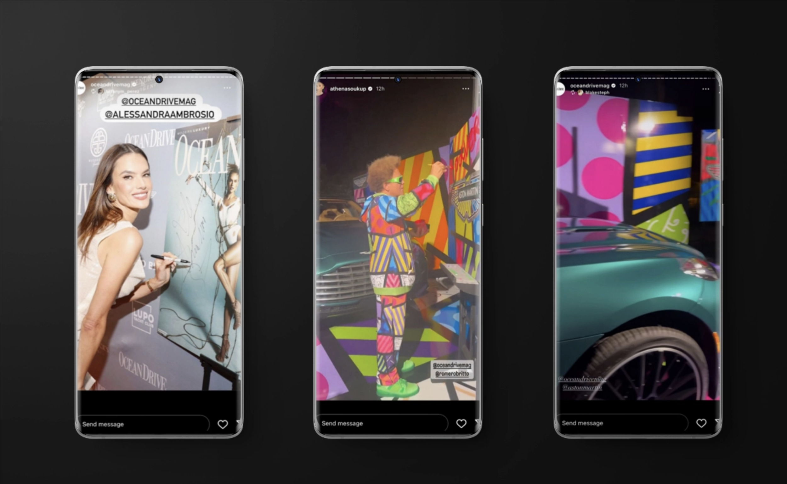 Three smartphones displaying social media stories from Ocean Drive magazine featuring models at an event with colorful artistic backdrops and a signed poster.