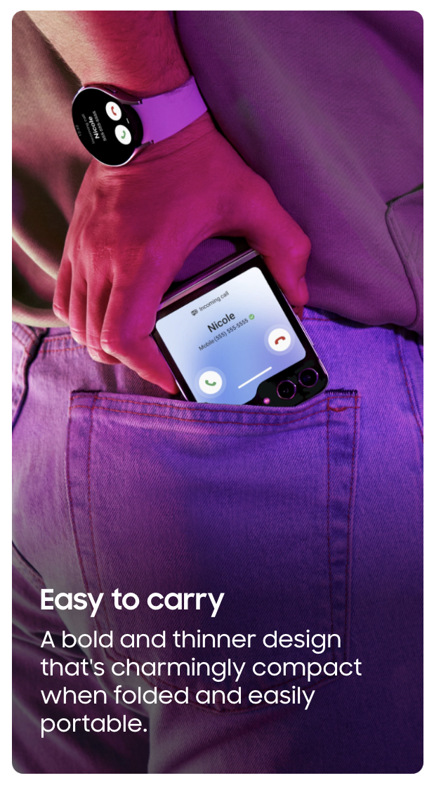 Close-up of a person in purple and gray clothing with a smartwatch and a smartphone. The smartphone shows an incoming call from Nicole.