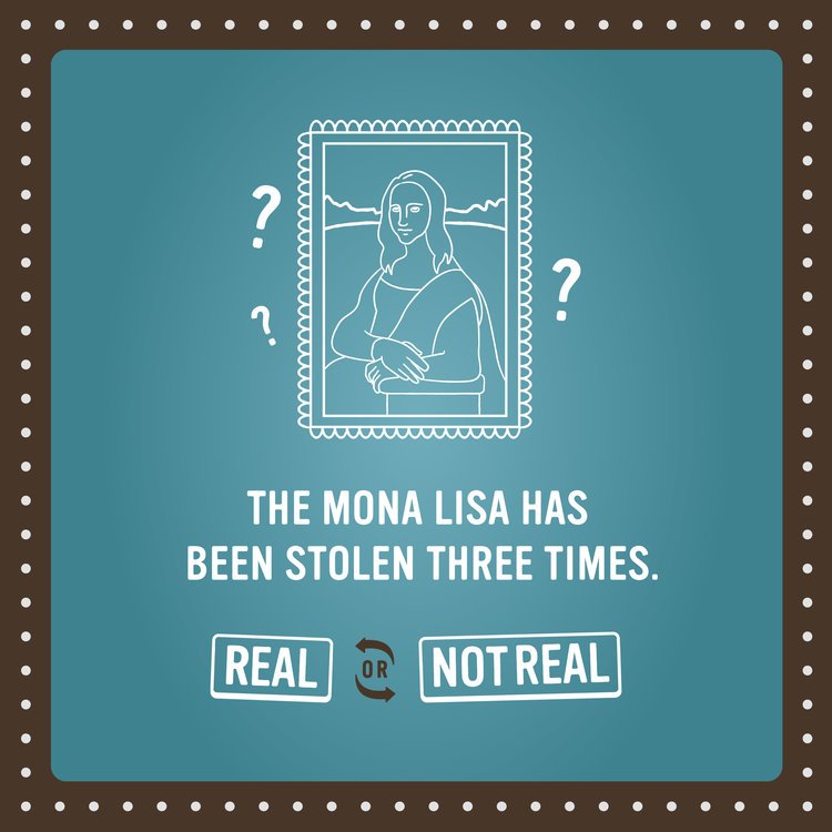 A graphic showing the Mona Lisa painting with question marks on either side. Text states, "The Mona Lisa has been stolen three times." Below, options read "Real" or "Not real," with a circular arrow indicating a choice between the two.