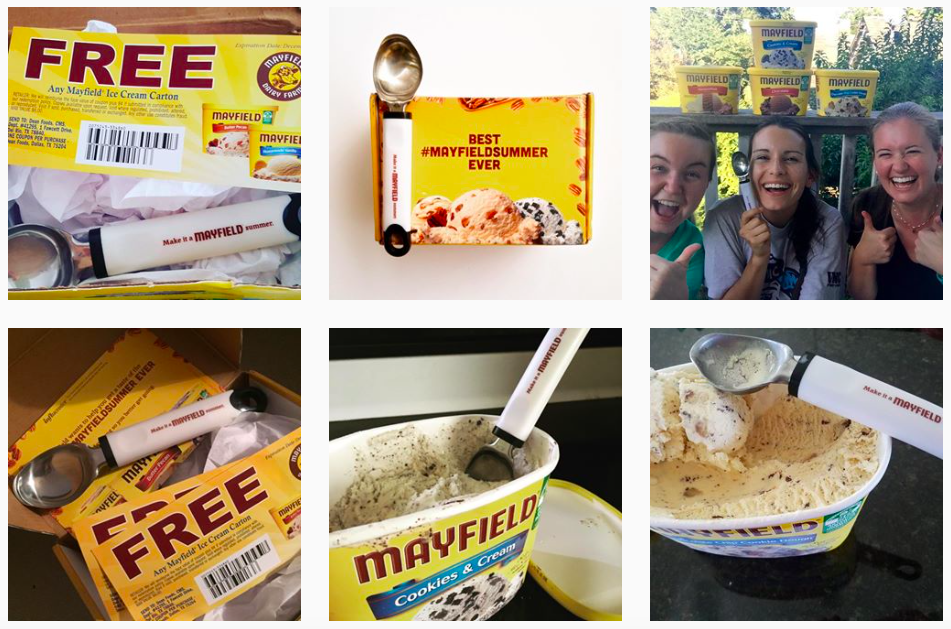 Six photos showing ice cream and promotional spoons. The first and fourth images show Mayfield ice cream cartons labeled "FREE" with a promotional spoon inside. The second image shows a promotional spoon and a box with "Best #MayfieldSummer Ever" and ice cream scoop visuals. The third image depicts three smiling women outdoors, holding a Mayfield ice cream spoon with ice cream in the background. The fifth image shows a Mayfield cookies and cream ice cream tub with a promotional spoon inside. The sixth image features a tub of cookies and cream ice cream with a spoon inserted.