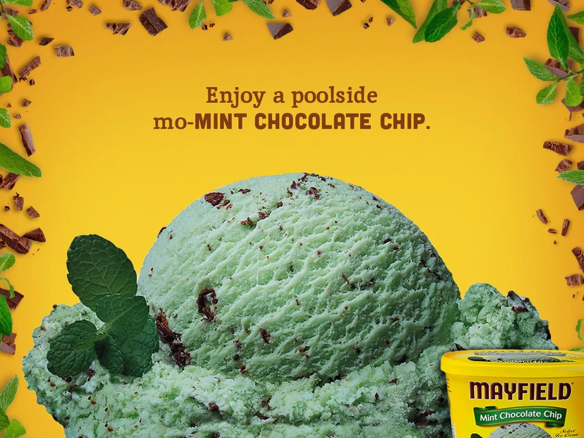 Mint chocolate chip ice cream with mint leaves and chocolate bits, advertising Mayfield mint chocolate chip ice cream on a yellow background.