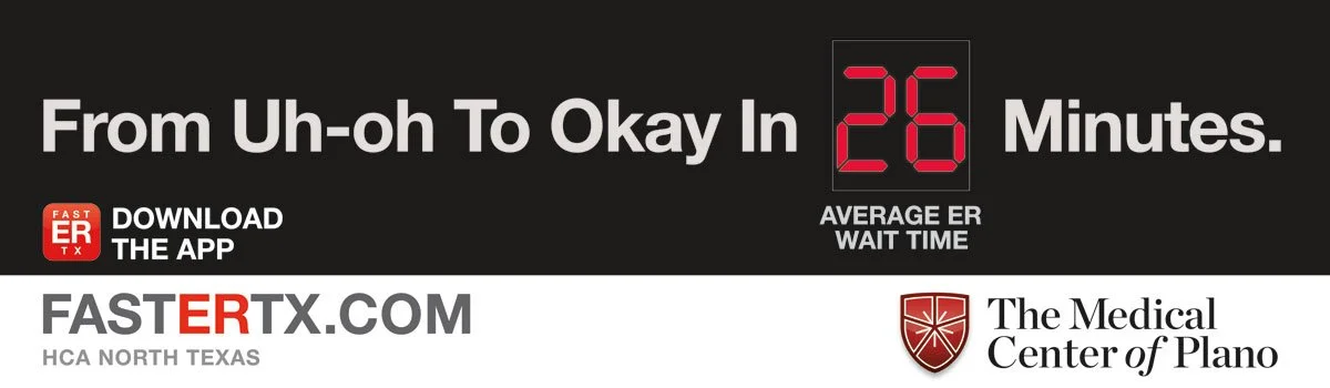 Digital display showing an average ER wait time of 26 minutes at The Medical Center of Plano, in North Texas, promoting ER wait time transparency.
