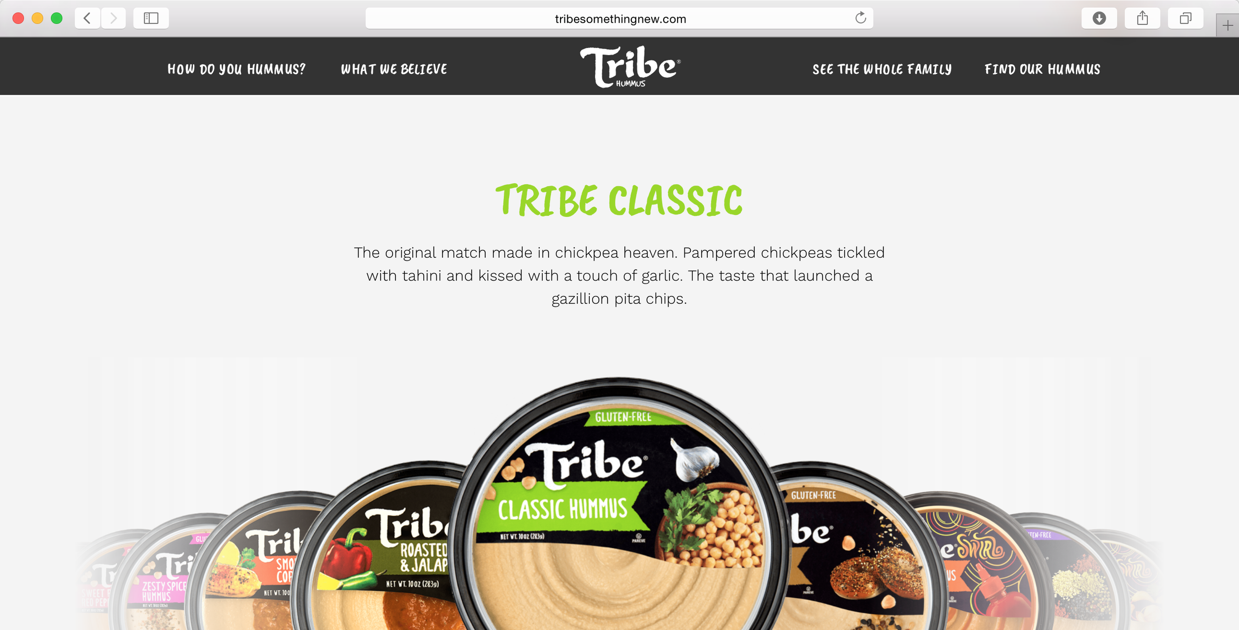 Website displaying a variety of Tribe hummus containers, with the focus on the Classic Hummus flavor in the center.