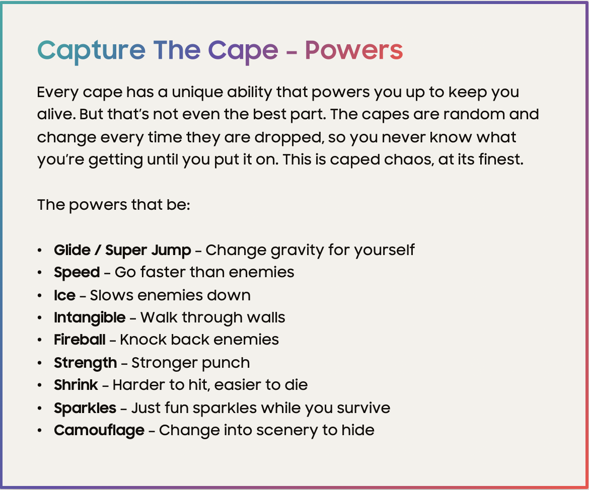 A colorful informational poster titled "Capture The Cape - Powers" explaining various superpowers of capes, including Glide, Speed, Ice, Intangible, Fireball, Strength, Shrink, Sparkles, and Camouflage, with descriptions of each ability.