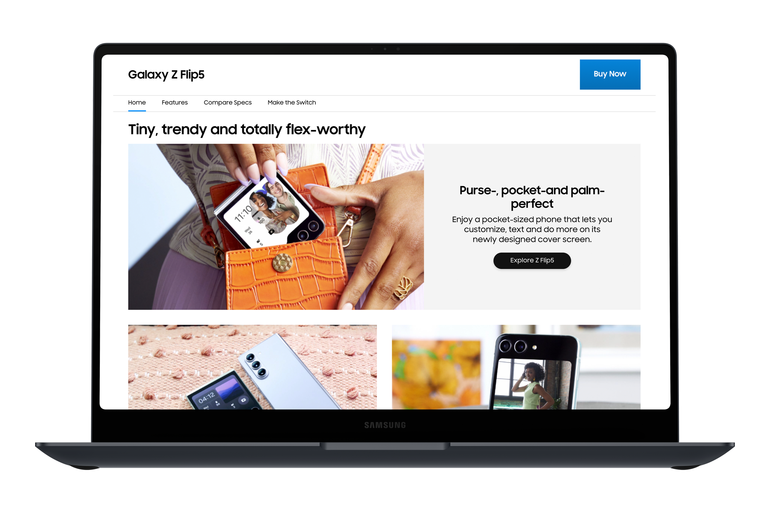 Laptop screen displaying a webpage with Samsung Galaxy Z Flip5 smartphones, featuring product images and details about the phone's design and features.