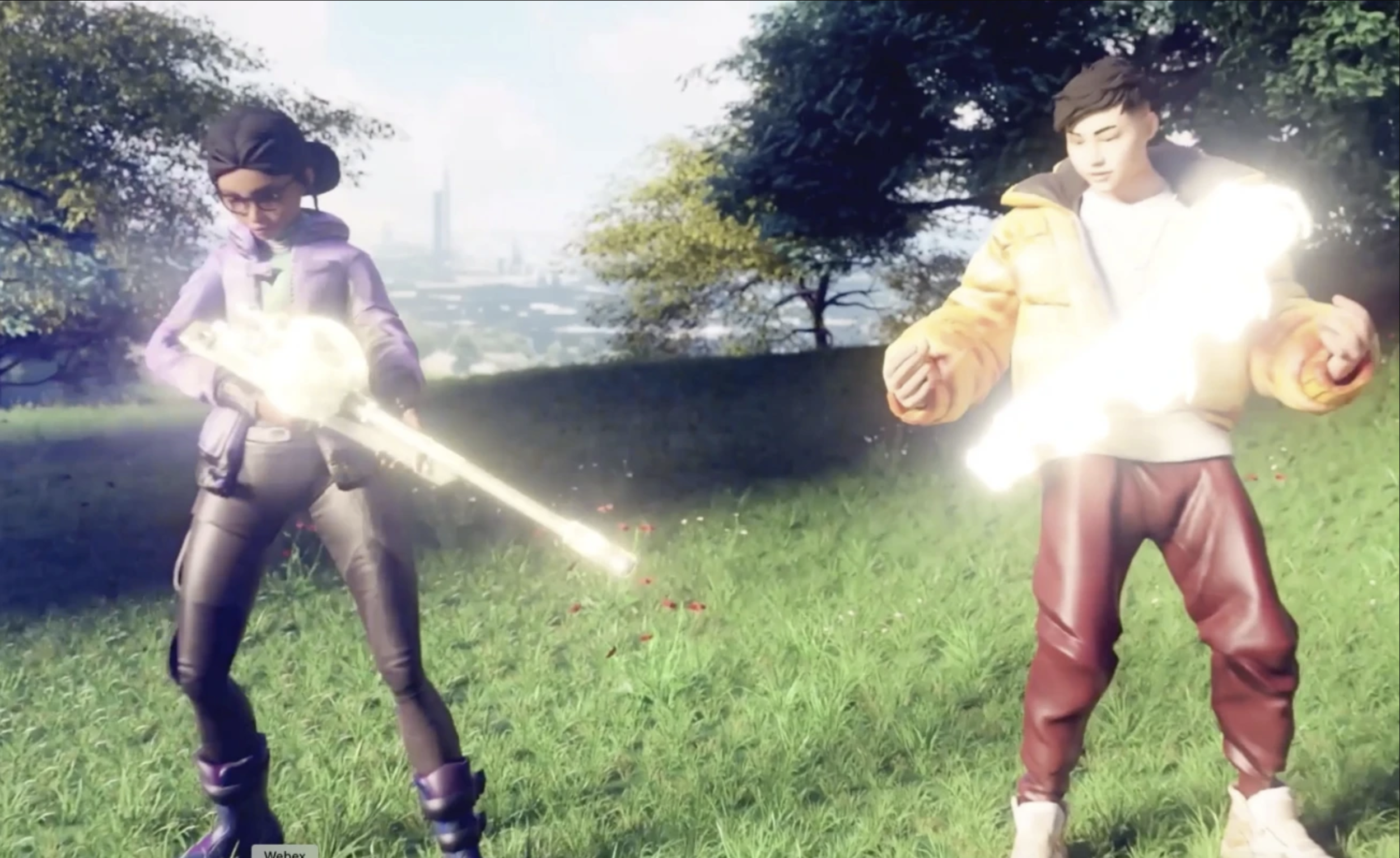 Two animated characters, a woman and a man, standing in a park with green grass and trees. They are conjuring or wielding bright, glowing energy or light in their hands, overcast sky in the background.