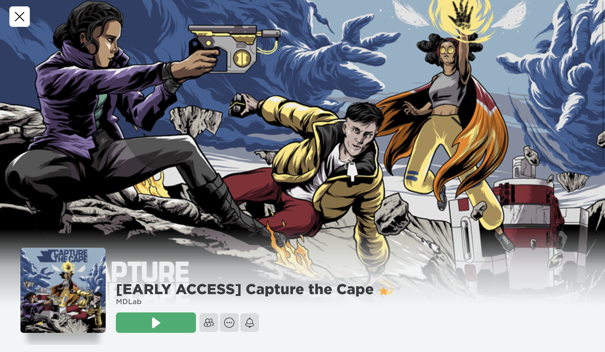 A comic-style illustration depicting two women and one man fighting a robotic villain on a rocky landscape. The woman on the left is aiming a gun, the man in the middle is on the ground, and the woman on the right is casting a glowing spell.