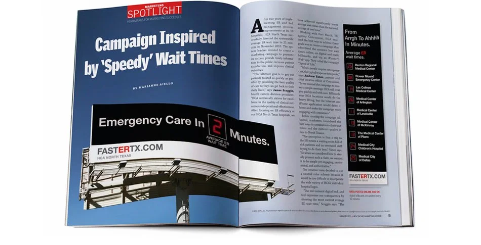 An open magazine featuring an article about a marketing campaign inspired by time efficiency in emergency care, including a large billboard image showing the website FASTERTX.COM and a digital display indicating a two-minute wait time at a healthcare facility.