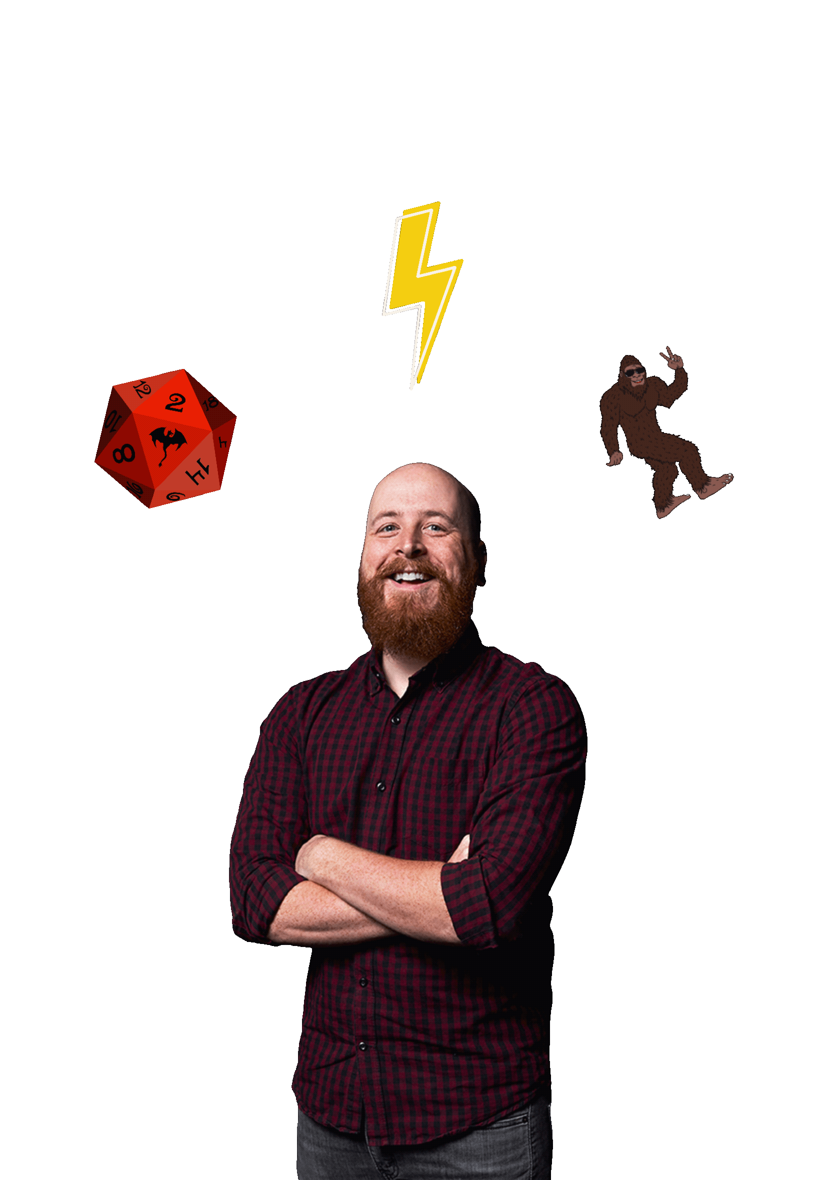 A light-skinned man with a beard, wearing a red and black checkered shirt, smiling with arms crossed. Above him are illustrations of a red 20-sided die, a yellow lightning bolt, and a Yeti wearing sunglasses and a peace sign.