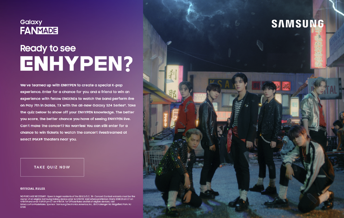Promotional poster for Samsung Galaxy FAN MADE featuring a K-pop band in a neon-lit street scene with lightning in the background and a quiz invitation.