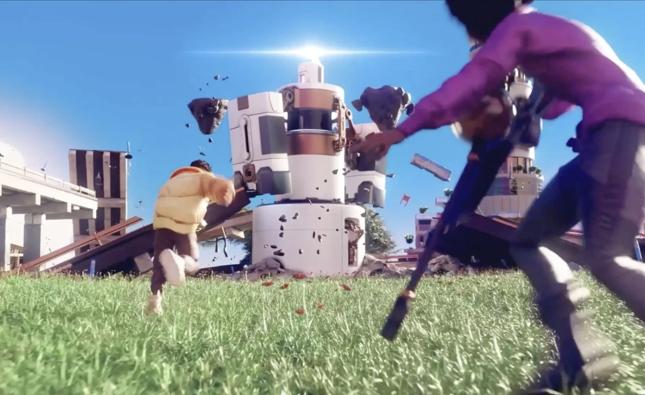 Animated scene of two children running across green grass towards a futuristic building with debris and floating rocks, bright blue sky with sunlight.