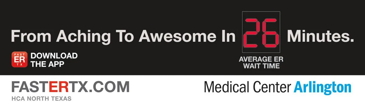 Emergency room sign indicating a wait time of 26 minutes at Arlington Medical Center, featuring a large red digital countdown and a call to download the ER app.