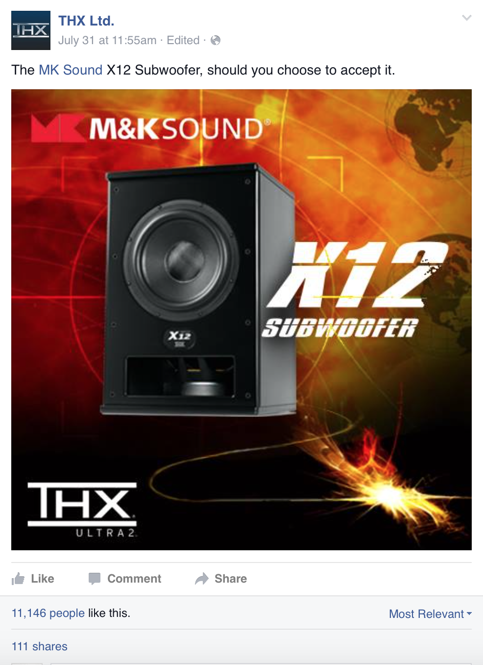 Black MK Sound X12 subwoofer speaker against an orange and yellow digital background with Earth globe images, with text indicating 'X12 Subwoofer' and 'THX Ultra2' branding.
