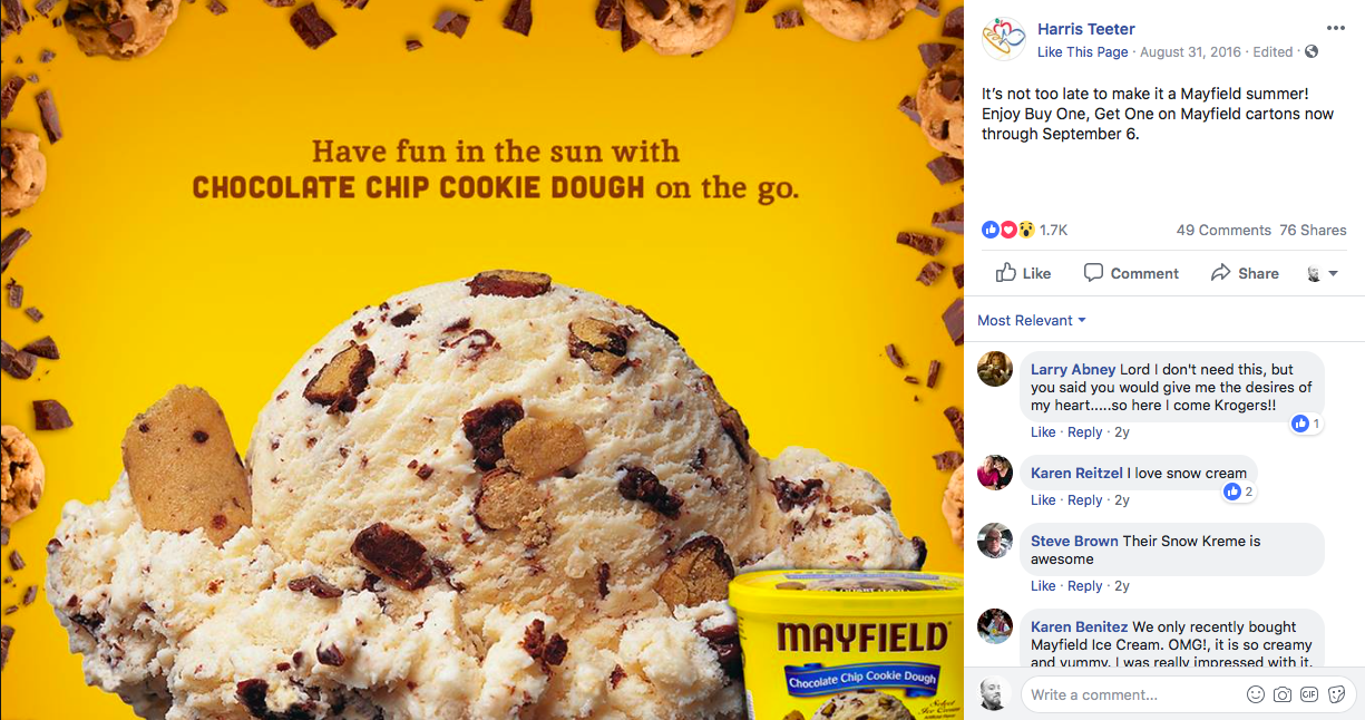 A promotional image for Mayfield chocolate chip cookie dough ice cream featuring a large scoop of ice cream with chocolate chunks, a cookie, and a container of Mayfield ice cream, with scattered cookie pieces on a yellow background.