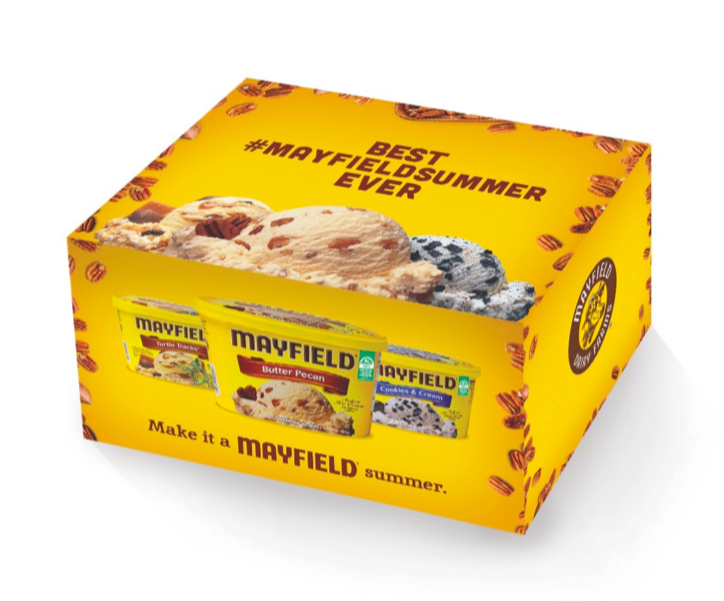 Yellow box containing three Mayfield ice cream pouches with flavors Butter Pecan, Cookies & Cream, and another flavor, with text '#MayfieldBestMayfieldSummerEver' and 'Make it a Mayfield summer.'
