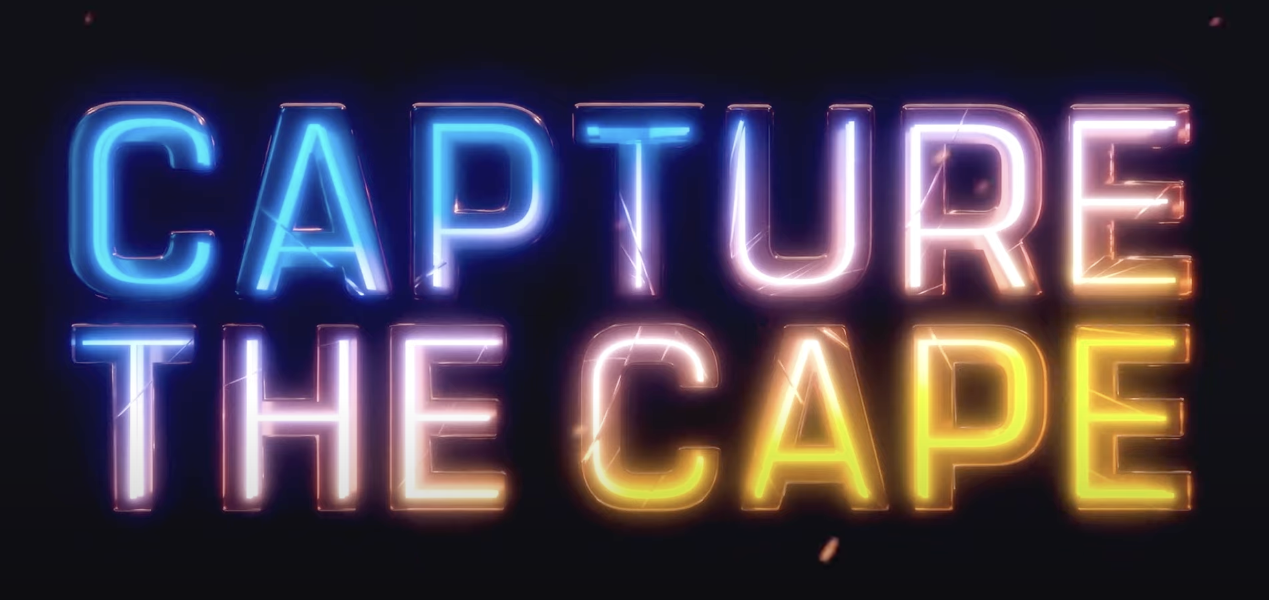 Neon sign in blue, pink, purple, and yellow lights spelling out "Capture the Cape" on a black background.
