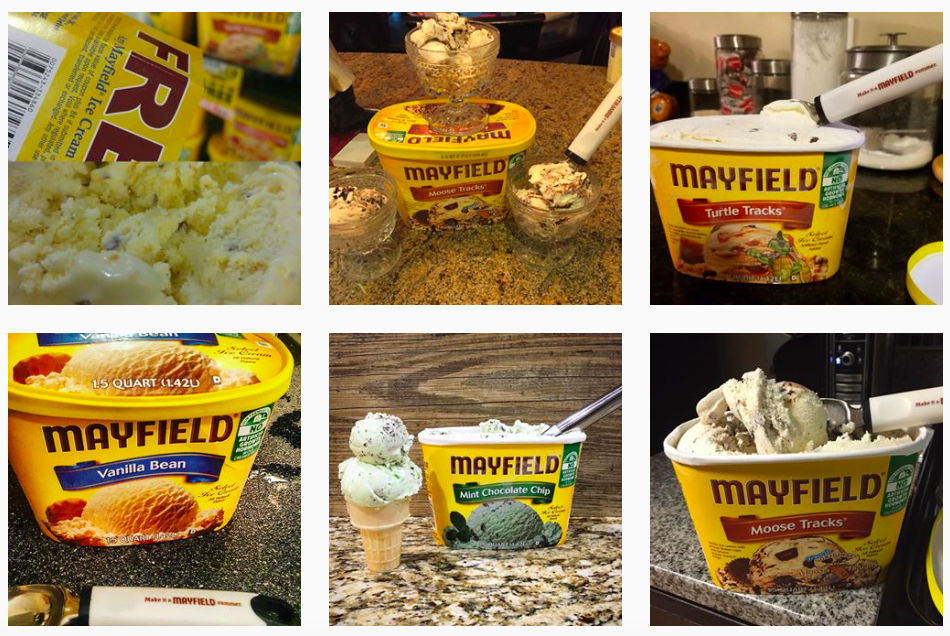 Collection of ice cream products and bowls featuring various Mayfield ice cream flavors including turtle tracks, vanilla bean, mint chocolate chip, and moose tracks, with some scoops served in cones and bowls on different kitchen and countertop settings.