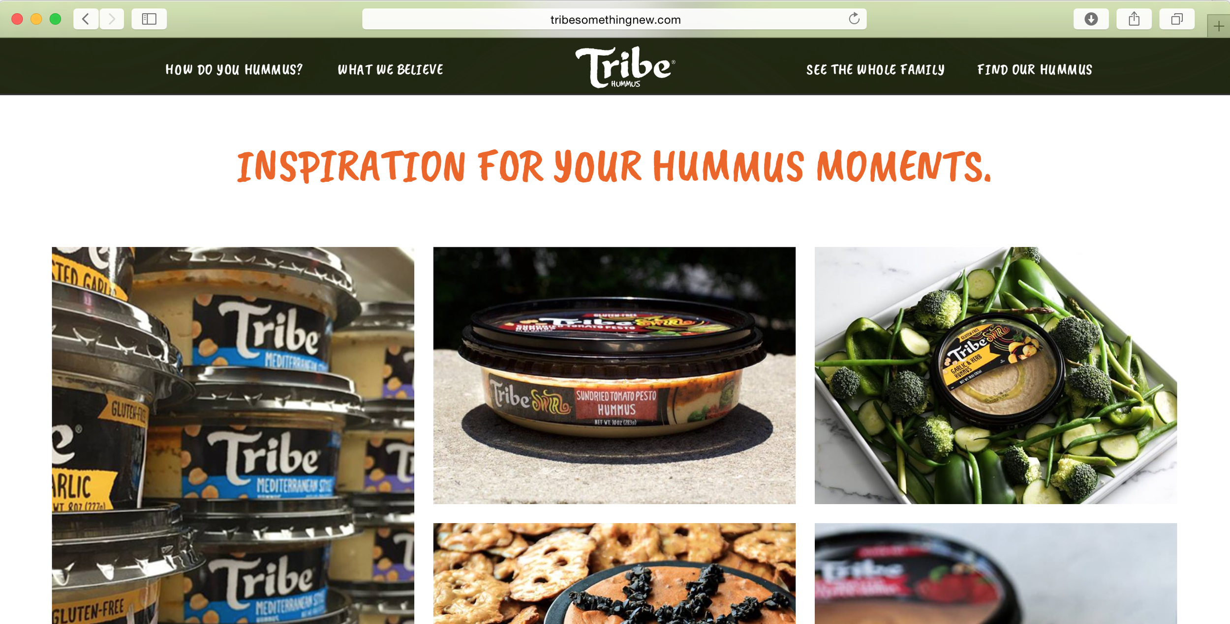 Website homepage for Tribe Hummus featuring a black header with white text, playful tagline in orange reading "Inspiration For Your Hummus Moments," and a grid of various hummus products including containers of different flavors and a tray of vegetables.
