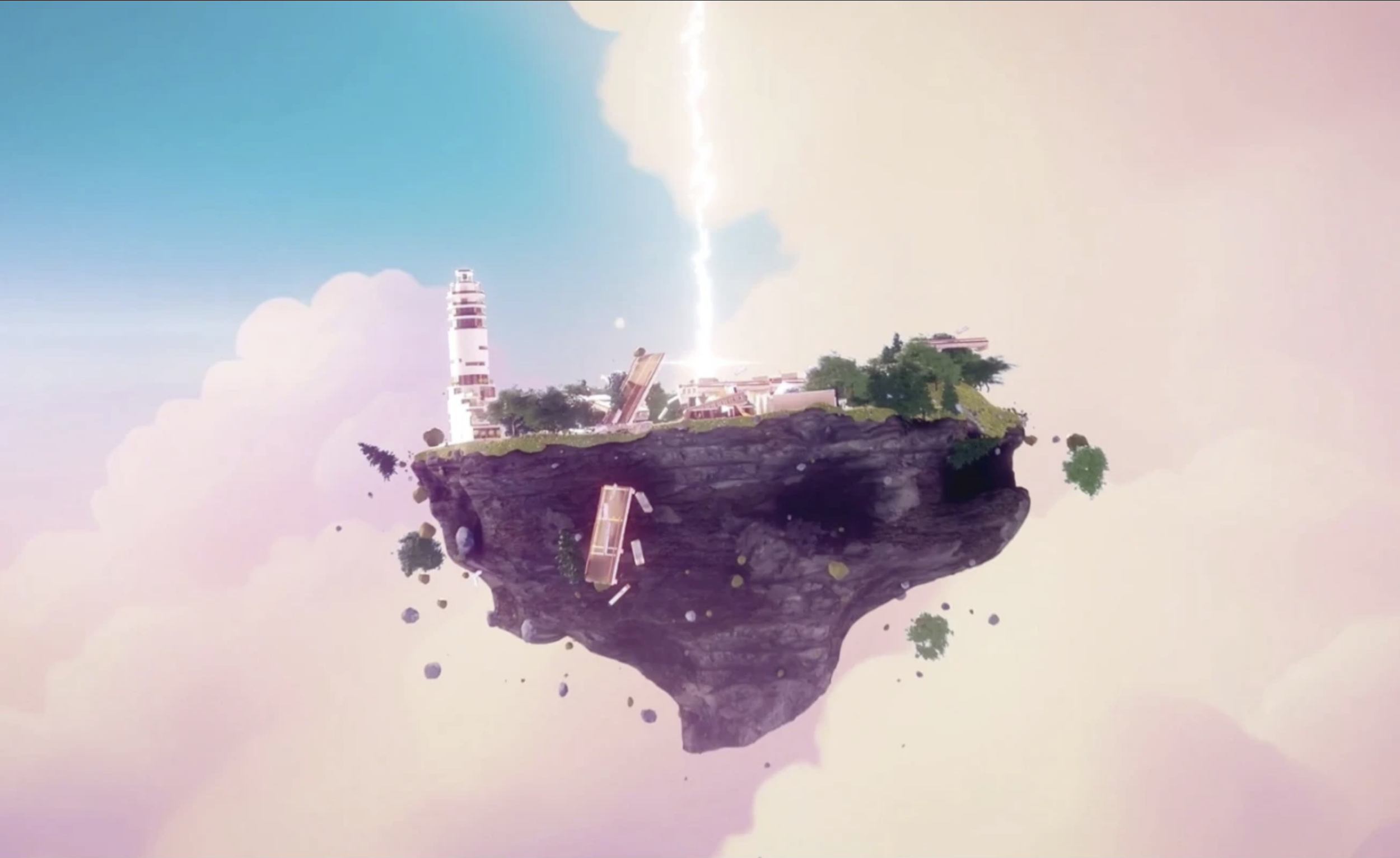 A floating island with a lighthouse, trees, and buildings, surrounded by clouds and a lightning strike in a surreal, colorful scene.