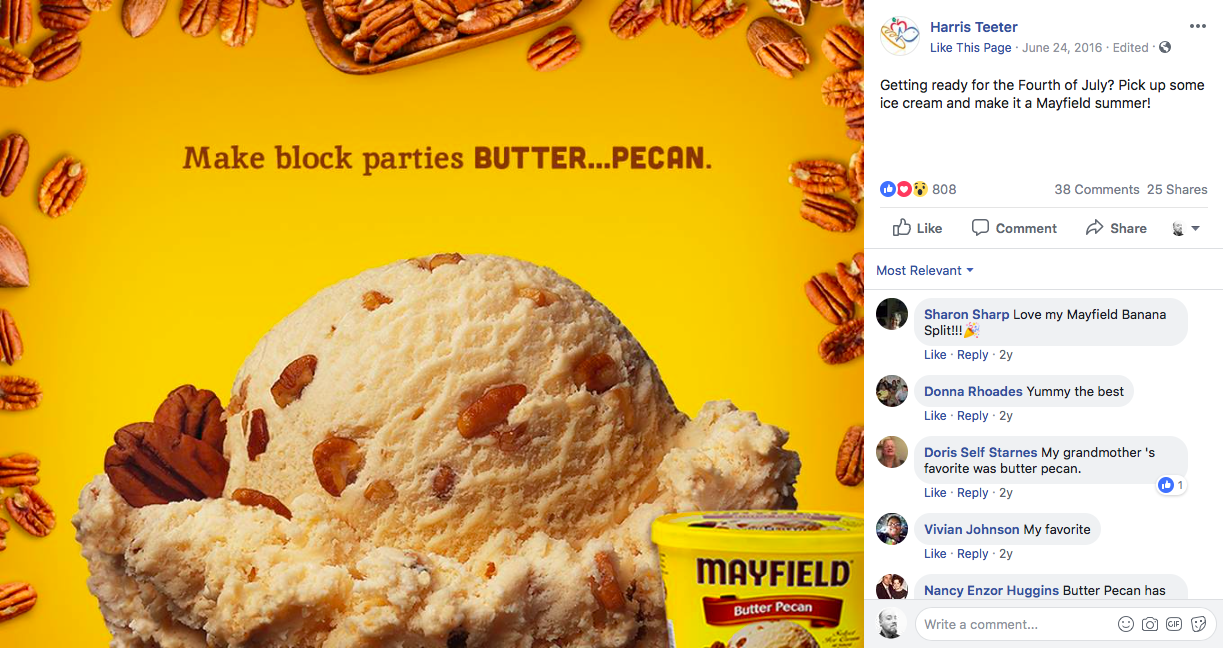 Pecan ice cream scoop with pecans in a yellow container and scattered pecans on a yellow background, promoting butter pecan flavor for summer.