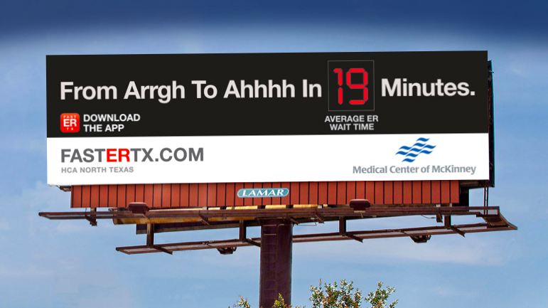 Billboard billboard displaying a wait time of 19 minutes for emergency room at Medical Center of McKinney, with logos for FastER T X.com and Lamar, under a blue sky.