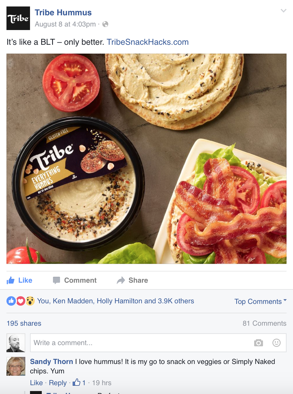 Top view of a hummus dip with whole wheat toast, a half tomato, bacon strips, and lettuce on a white plate. A container of Tribe Everything Hummus is placed below the toast.