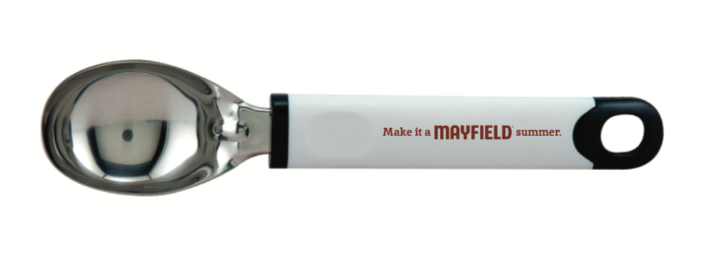 A metal ice cream scoop with a white handle that has the phrase 'Make it a MAYFIELD summer' printed on it in red and black font.