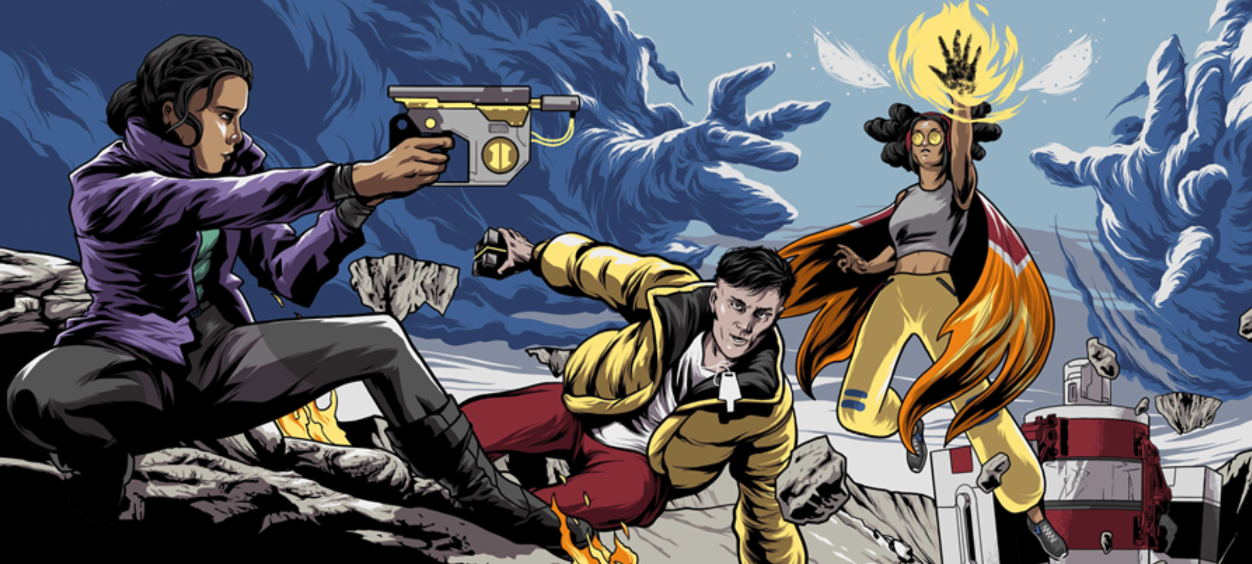 Comic-style illustration of a battle scene with three characters against a stormy sky. On the left, a woman with dark hair in a purple jacket aims a gun with a yellow scope. In the center, a young man in a black and yellow jacket is pushed down, appearing to be in distress. On the right, a woman with glasses and dark hair, wearing a grey top and yellow pants, raises her hand emitting yellow energy, surrounded by floating rocks and a design resembling angel wings in the background.