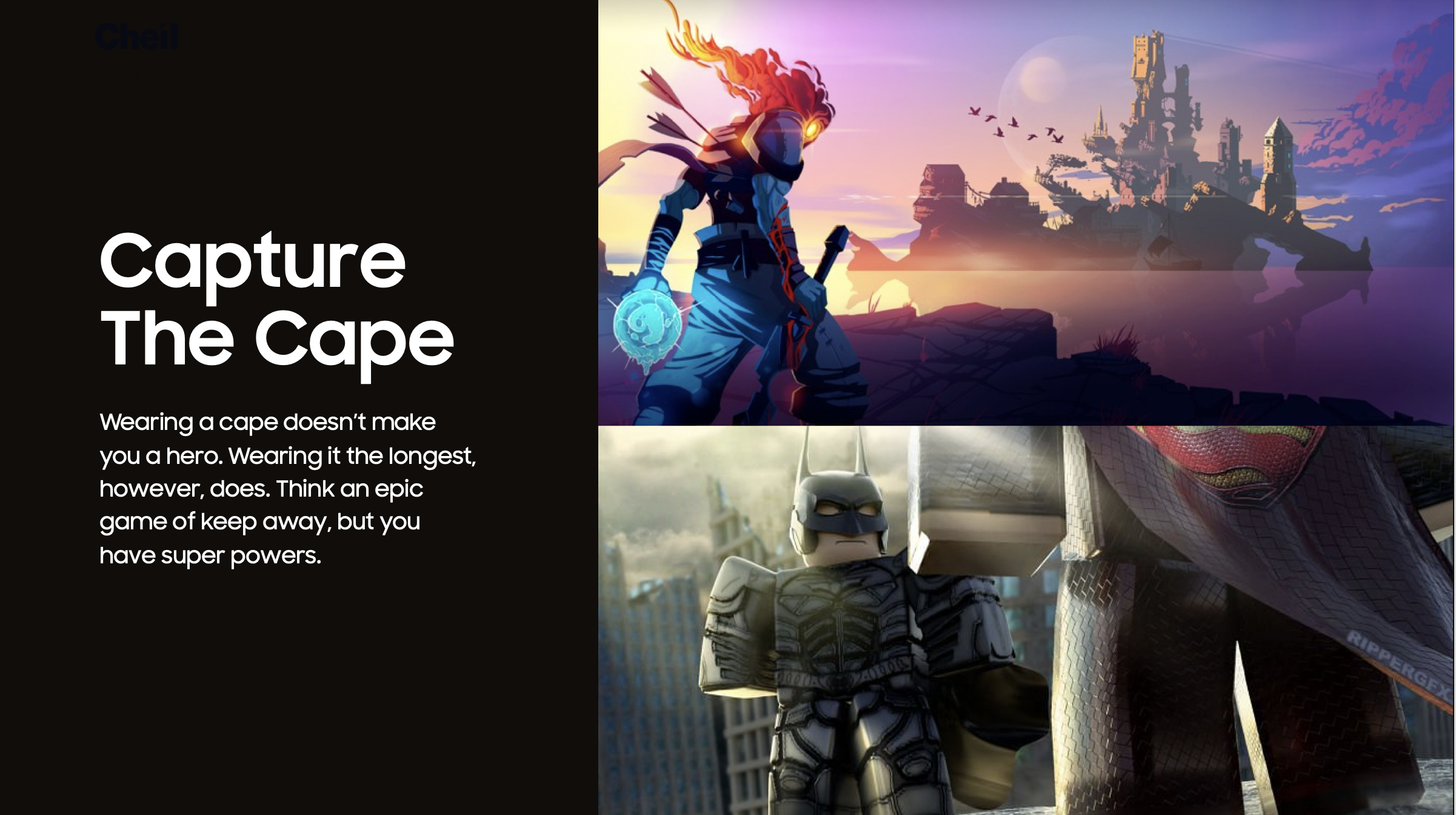 Collage of three superhero characters: a video game character with fire hair and glowing weapon standing before a castle at sunset, a realistic Batman figure outdoors in a city, and a person wearing a Spiderman suit with a red and black pattern.