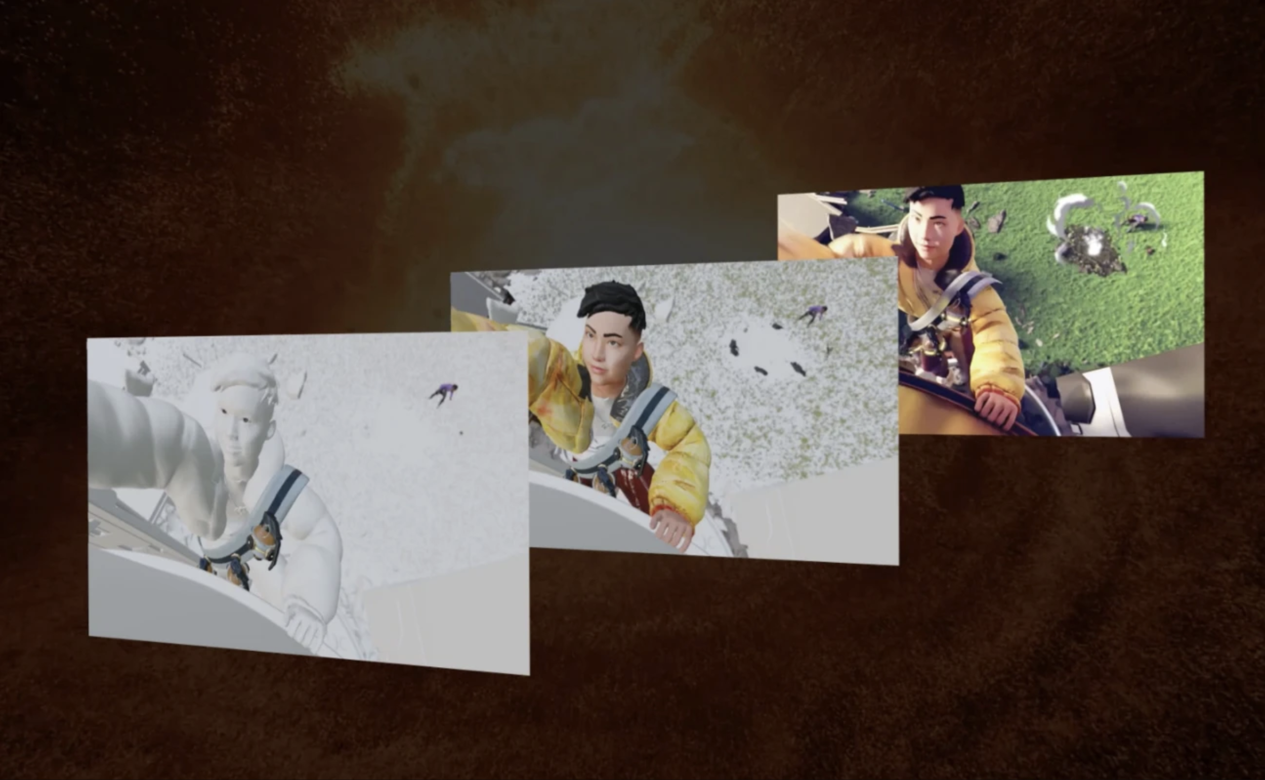 Sequence of three virtual photos showing a young man in a yellow jacket taking selfies from a low angle, with the background changing from white snow to green grass.