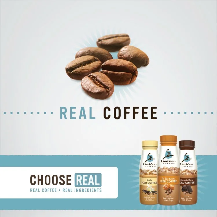 Image of coffee beans and three bottles of flavored iced coffee with Caribou Coffee labels, promoting real coffee with real ingredients.