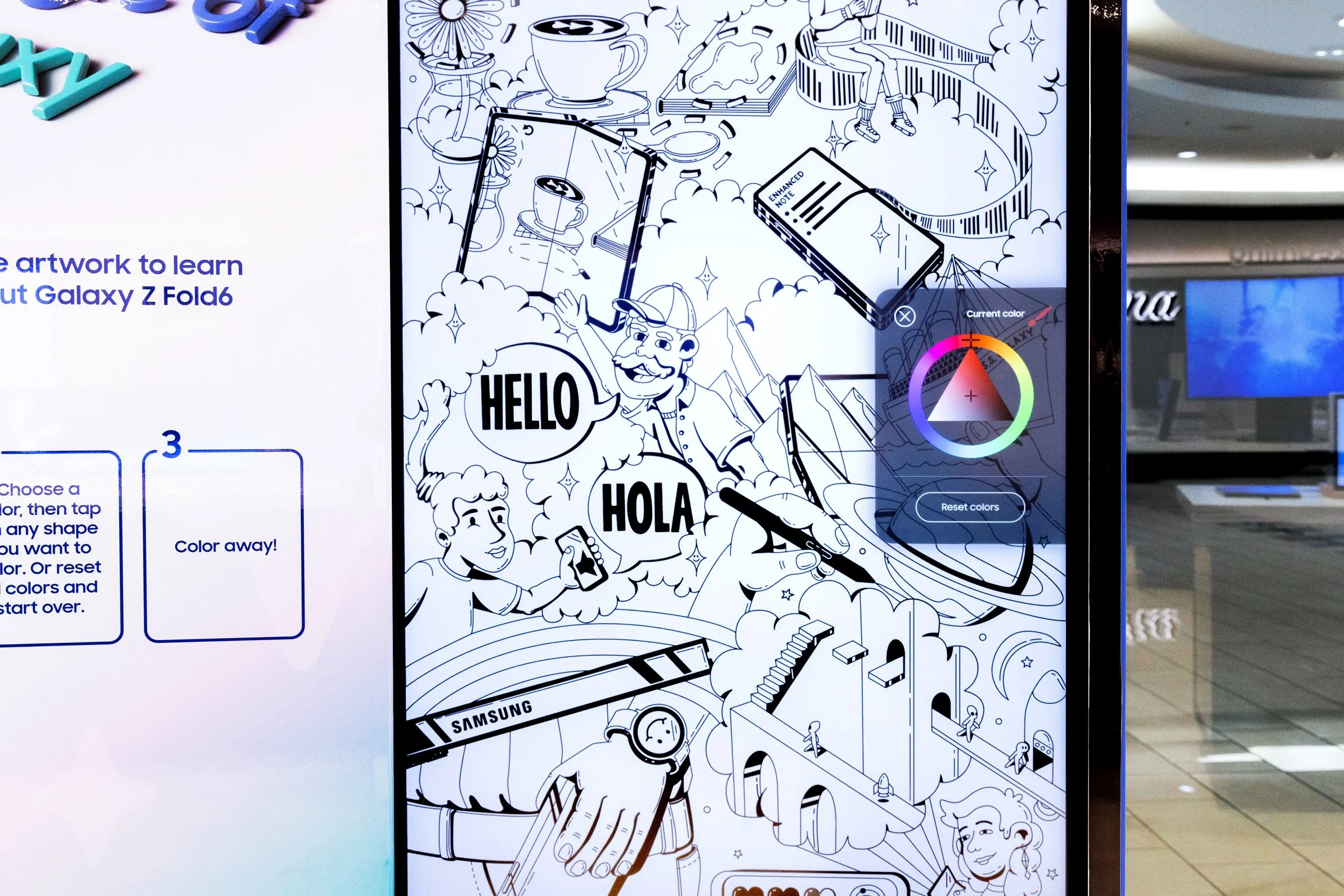 Black and white illustration of cartoon characters engaging with digital devices, speaking different languages such as 'HELLO' and 'HOLA,' with various abstract elements like clouds, a mountain, and a spaceship, and a color wheel overlay.