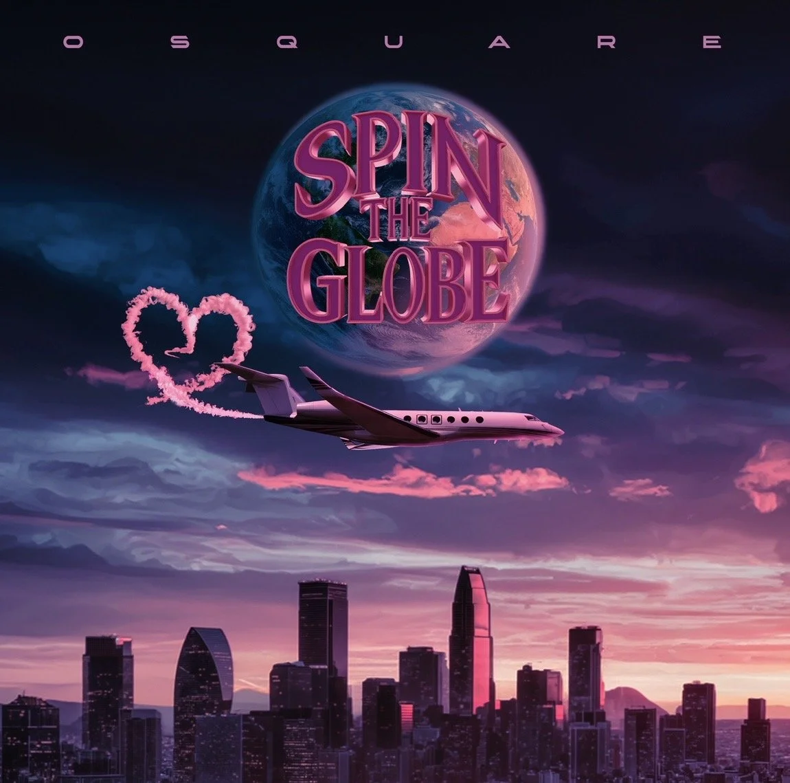 A digital illustration featuring a city skyline at sunset with pink and purple clouds. A private jet flies across the sky, leaving a heart-shaped cloud trail. A large Earth with the text "Spin the Globe" in pink 3D letters is in the background.