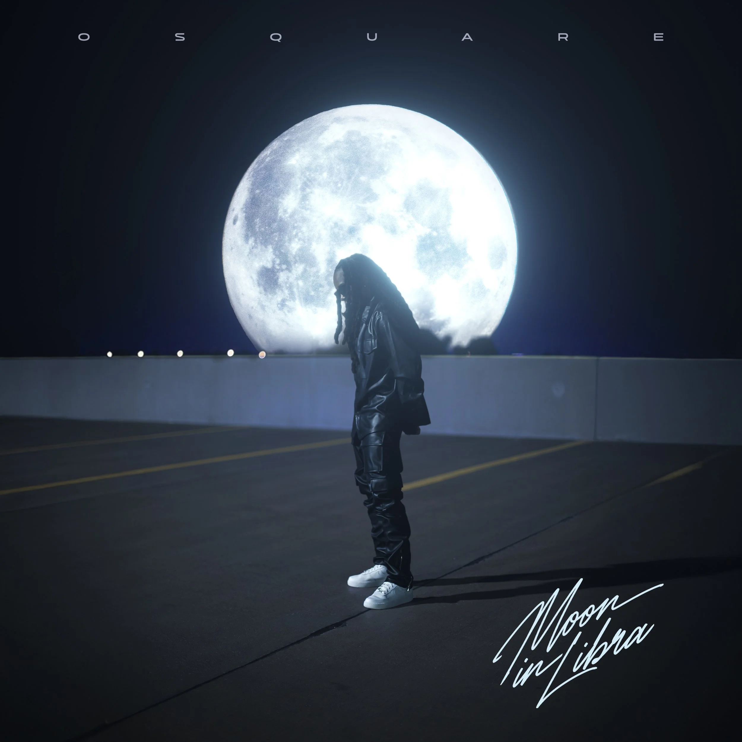 A person standing in front of a large full moon at night, with their reflection visible on the ground. The person is wearing a leather jacket, sneakers, and has long hair. The background is dark, and there is a signature at the bottom right corner.