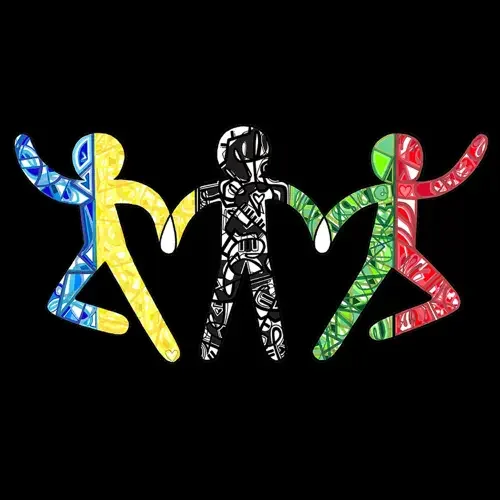 Colorful abstract human figures holding hands in red, green, yellow, and blue against a black background.
