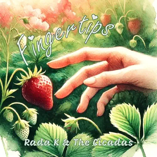 Hand with two fingers touching a strawberry hanging from a plant, surrounded by green leaves and strawberry plants, with the words 'Fingertips' and 'Rada K & The Cicadas' written.