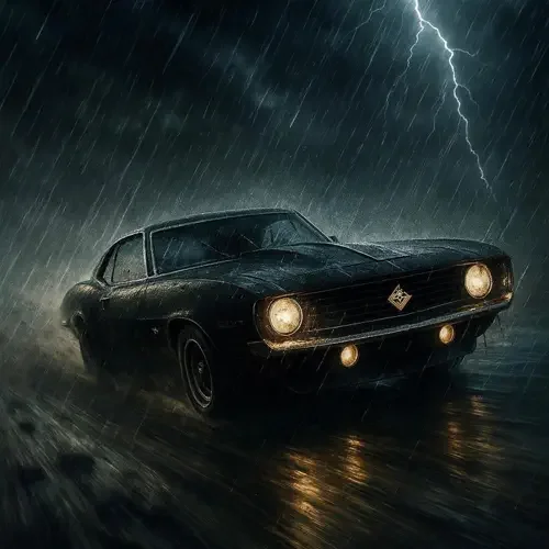 A black vintage sports car driving in the rain during a thunderstorm with lightning in the sky.