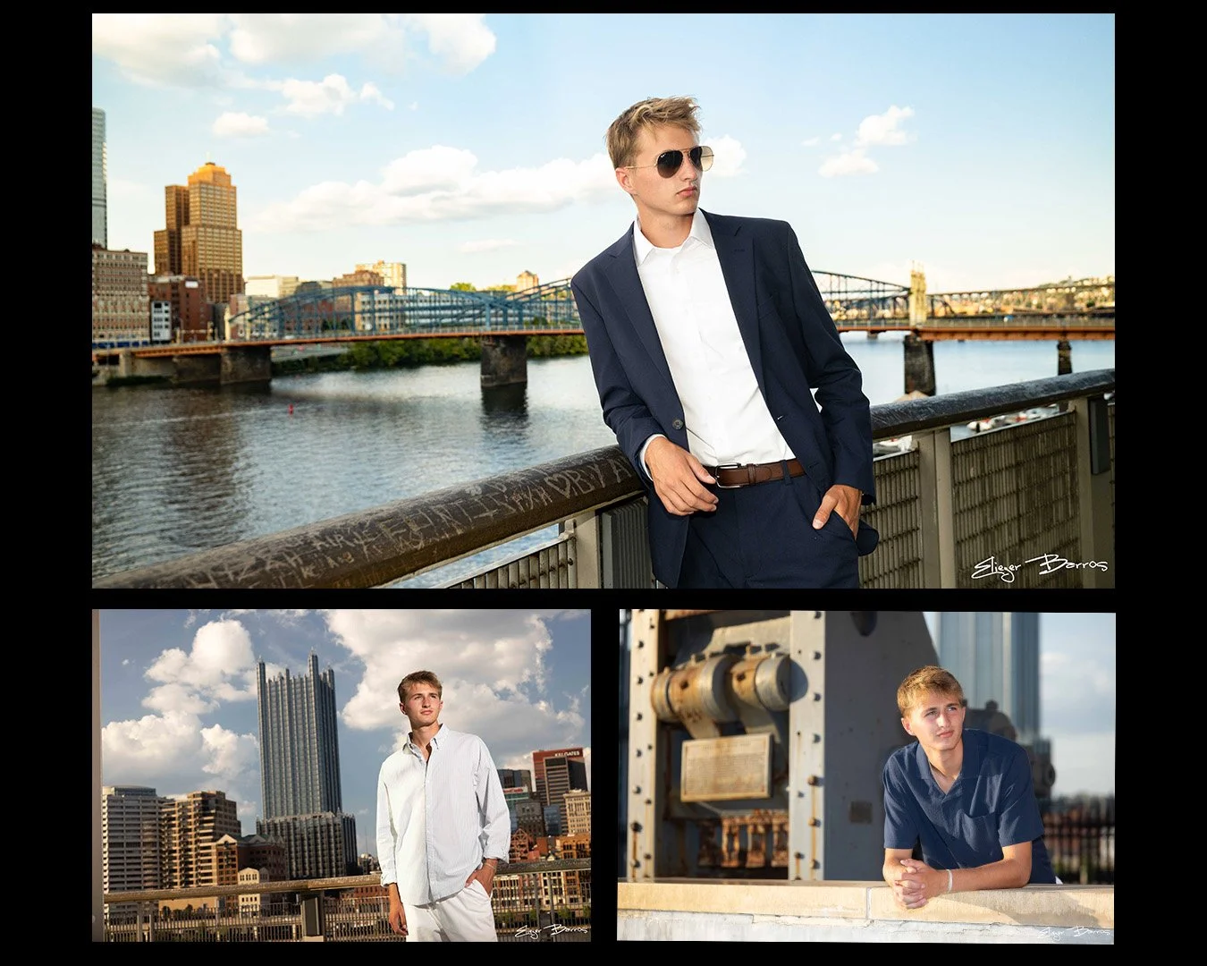 Mount Lebanon senior yearbook pictures collage: young men in suits and casual outfits posing by the river, bridges, and city skyline.