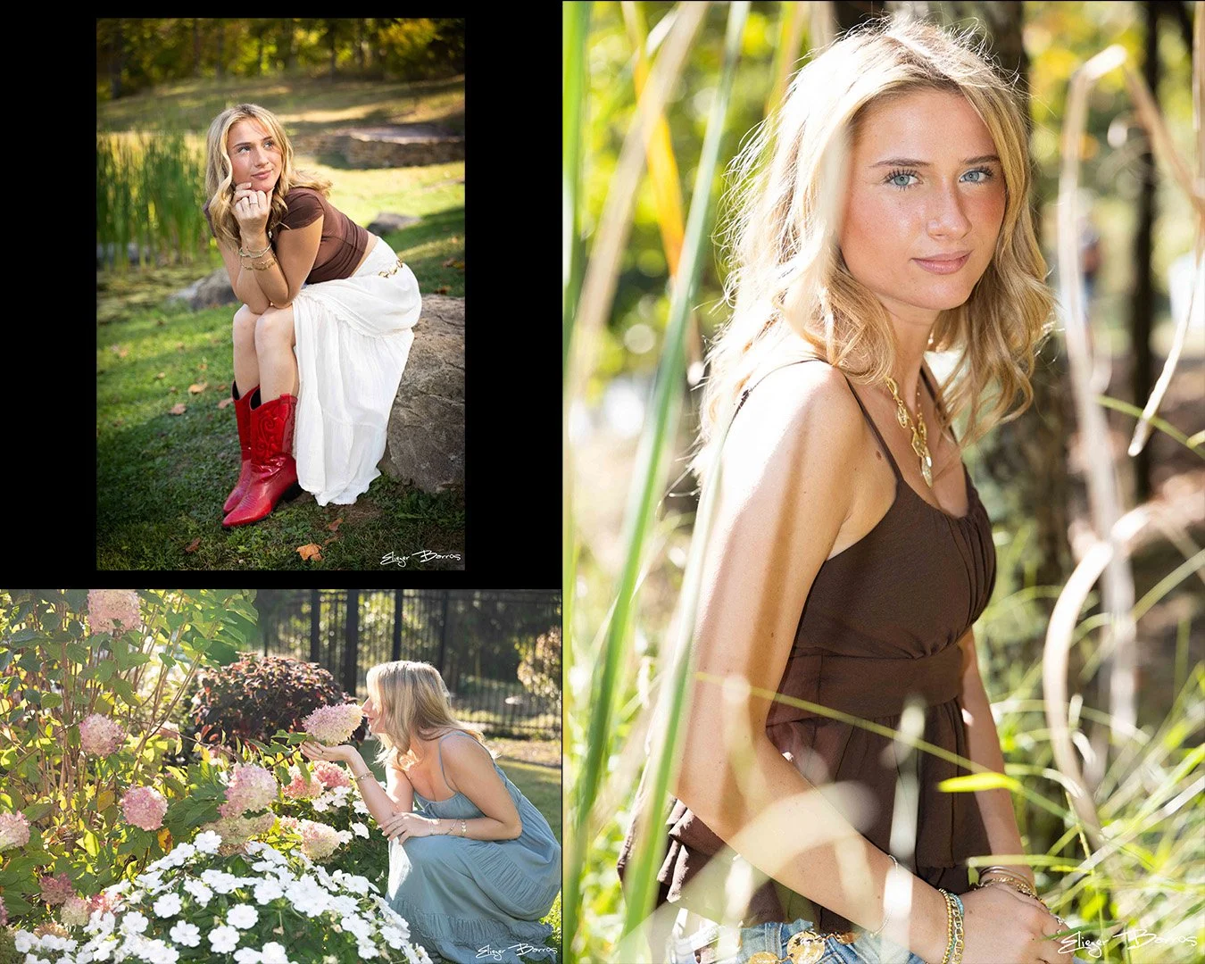 Mount Lebanon senior yearbook pictures collage: young women posing in beautiful gardens and parks with flowers and natural light.