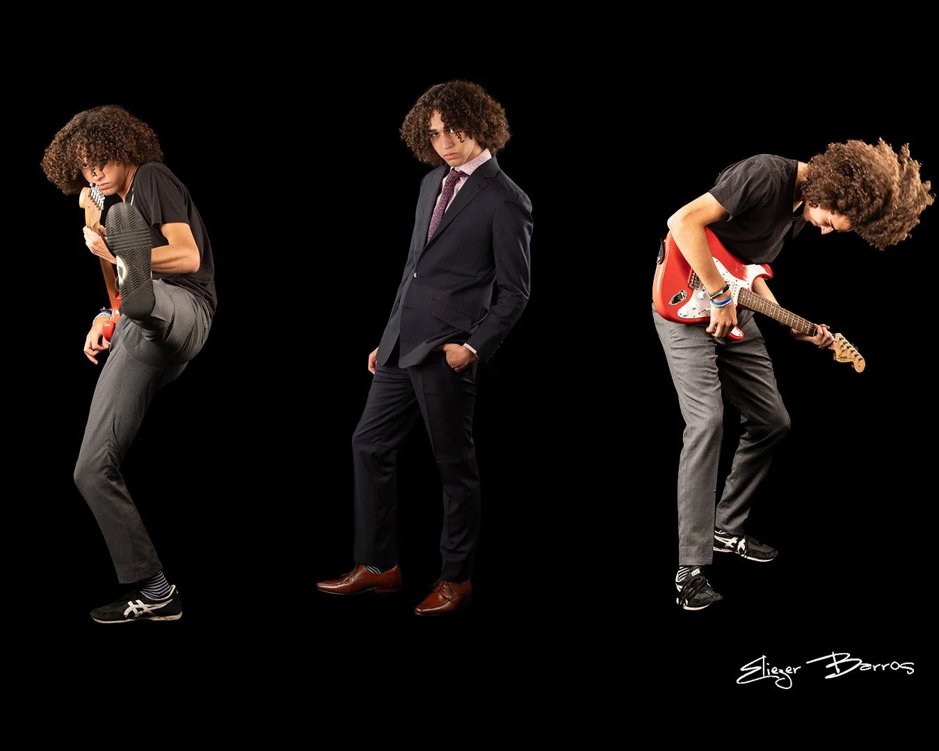 Mount Lebanon senior pictures composite showing a male high school senior in three creative black background studio poses playing red electric guitar, wearing a suit, and rocking out by Eliezer Barros