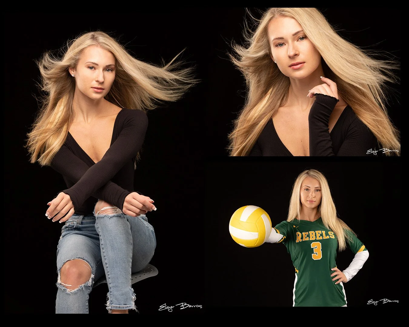 Pittsburgh senior pictures composite featuring a blonde high school senior girl in multiple artistic black background studio portraits including flowing hair shots, casual ripped jeans outfit, and volleyball uniform by Eliezer Barros