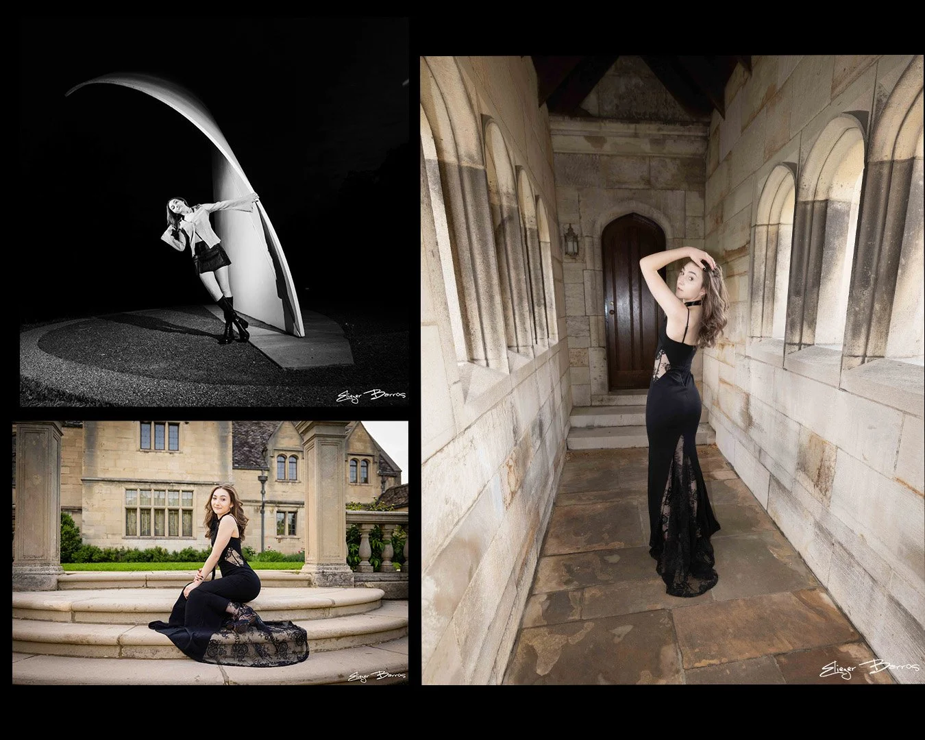 Mount Lebanon Senior Yearbook Pictures collage: young women in elegant black dresses posing at artistic locations and historic stone architecture.