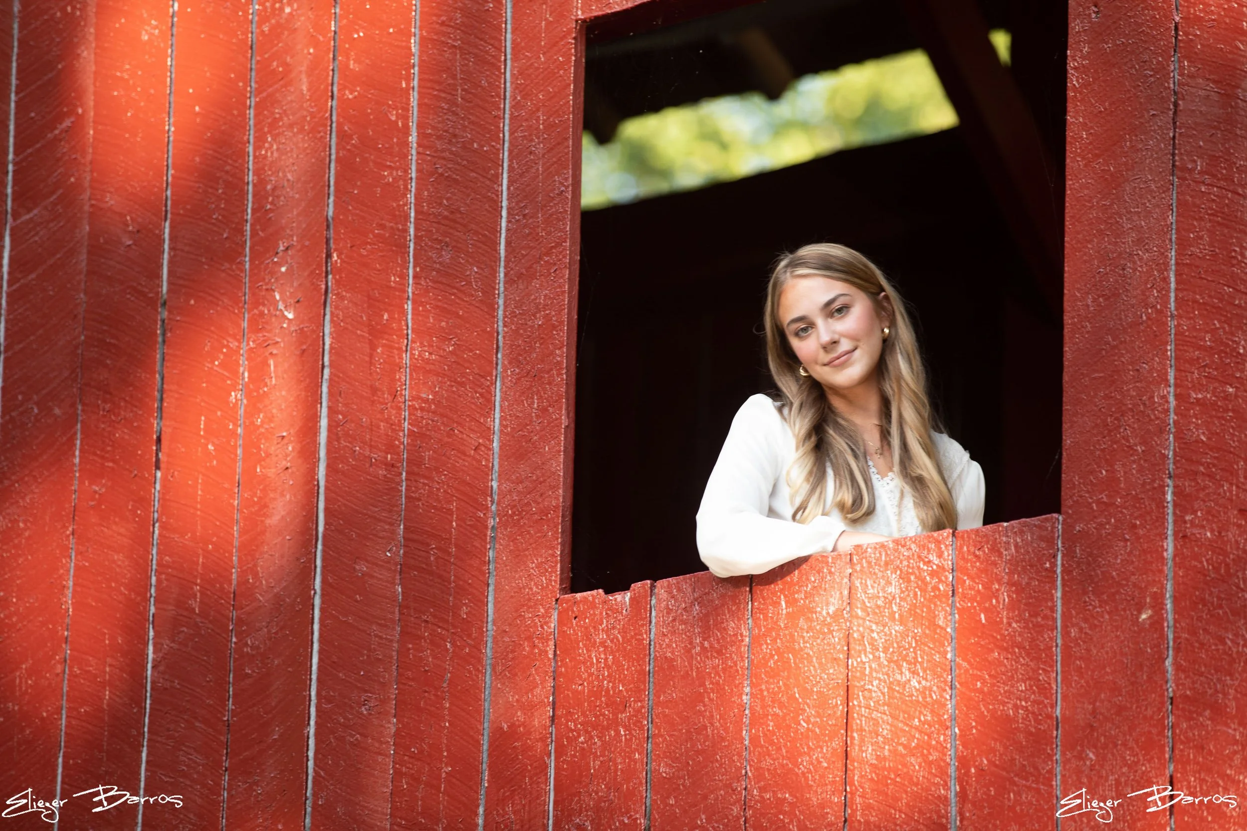 A woman with long blonde hair, wearing a white blouse and gold earrings, is looking out of a square opening in a red wooden structure. The background shows green blurred trees and sunlight.