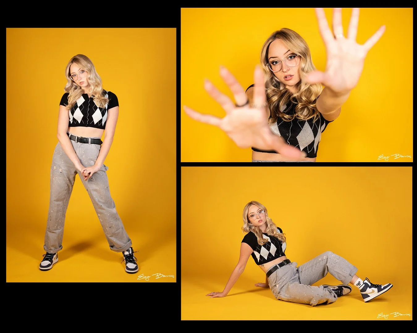Pittsburgh senior pictures composite featuring a blonde high school senior girl in creative studio portraits on bright yellow background wearing argyle top and grey pants in multiple fun poses by Eliezer Barros