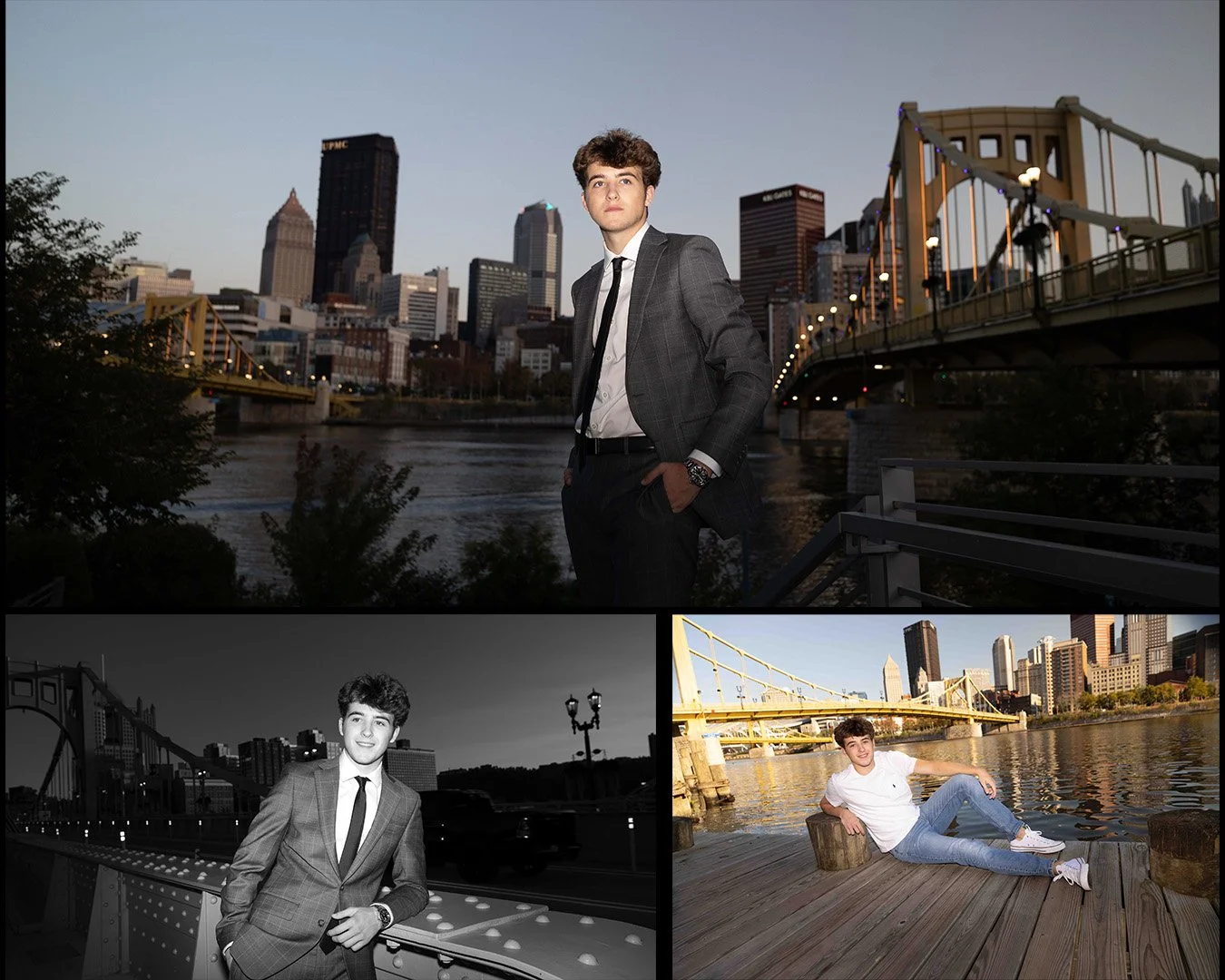Mount Lebanon Senior Yearbook Pictures collage: young men in suits and casual outfits posing by the river, bridges, and Pittsburgh skyline.